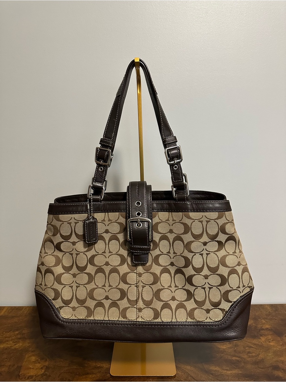 Coach Beige Signature Canvas Shoulder Bag with Dark Brown Trim
